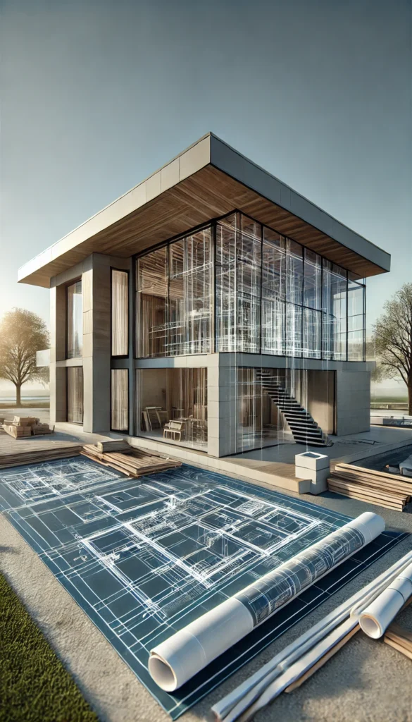 DALL·E 2025-03-23 15.45.39 - A highly realistic photograph of a modern house under construction. The image showcases the architectural blueprints seamlessly integrated into the sc