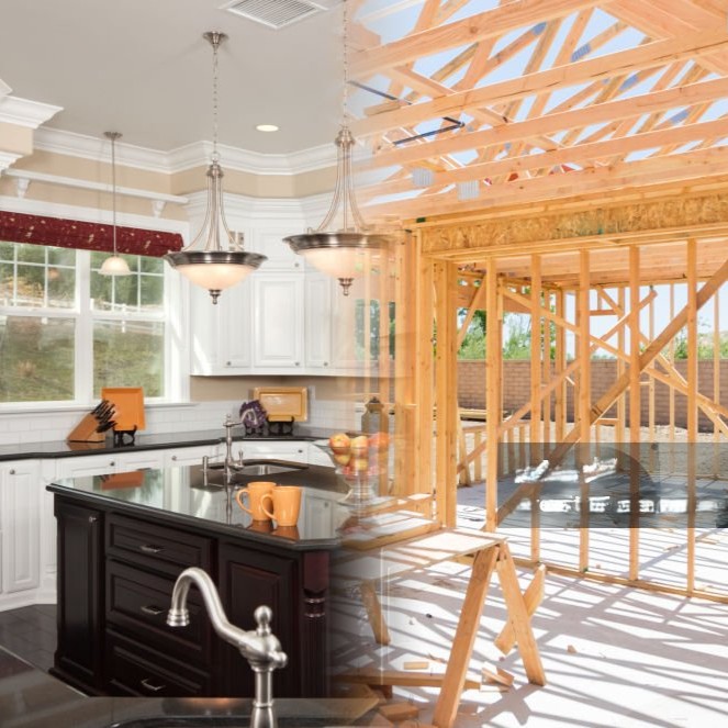 Finished Custom Kitchen Build Gradating Into House Construction Framing.